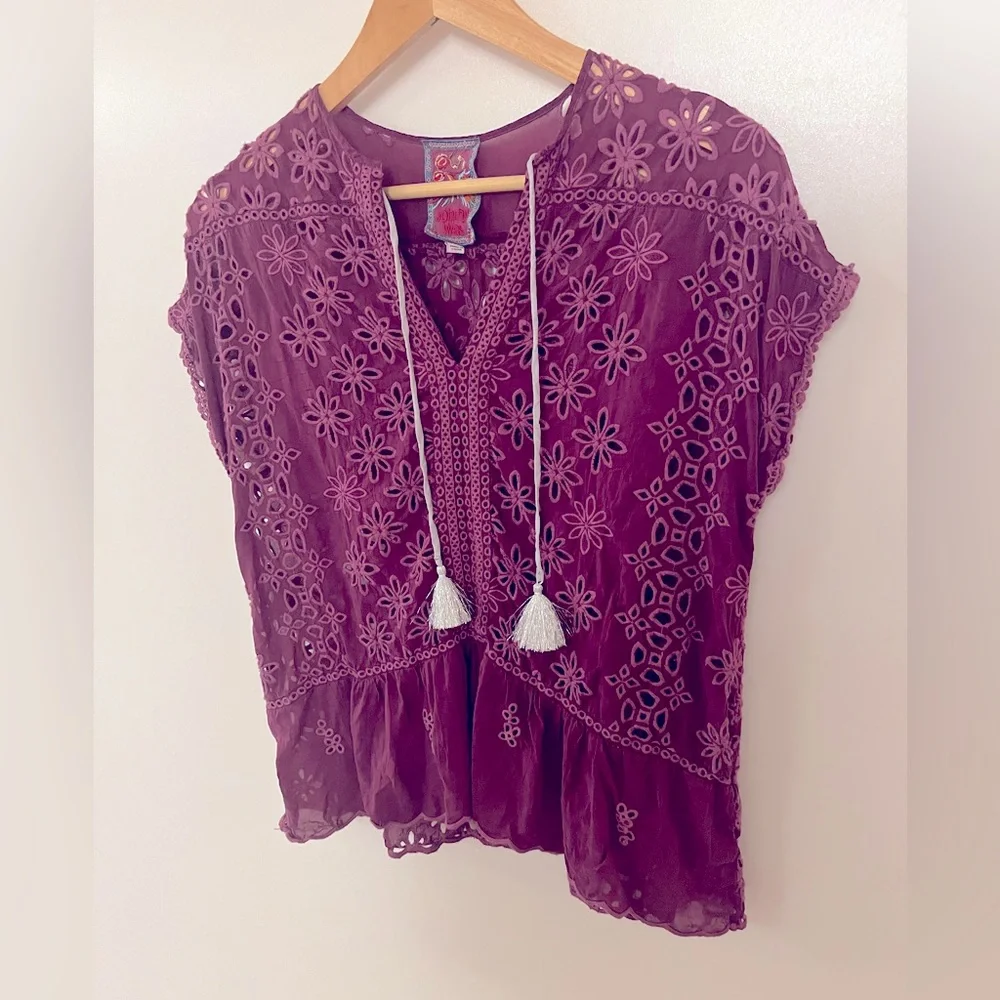 Johnny Was Leith Bohemian Eyelet Top Purple XS - Picture 9 of 16
